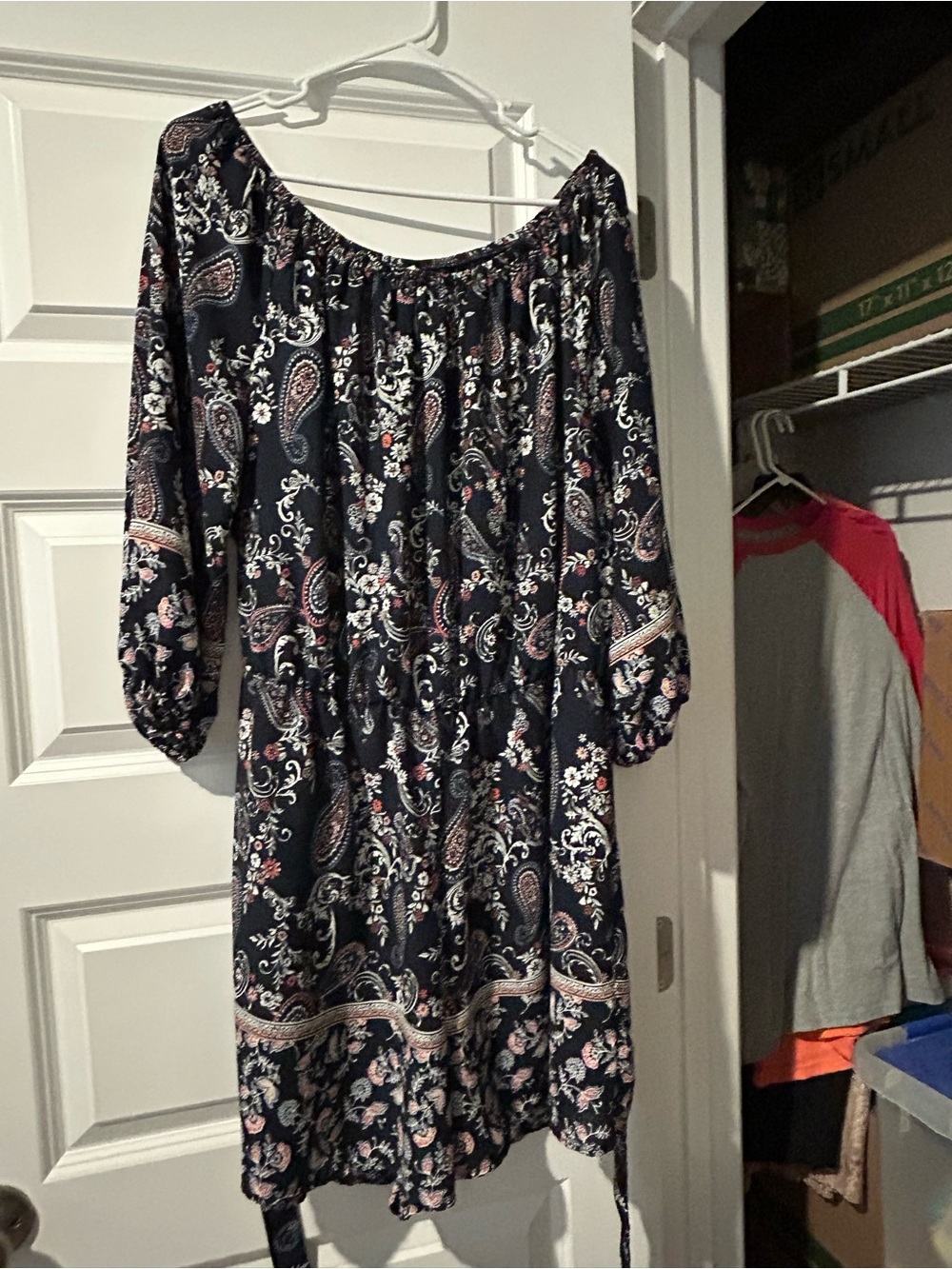 Boho Off-Shoulder Paisley Midi Romper  in Navy